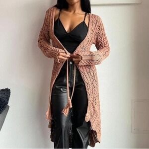 Venus Crochet Cardigan Womens 2X Brown Front Tie Tassel Cotton Longline Festival